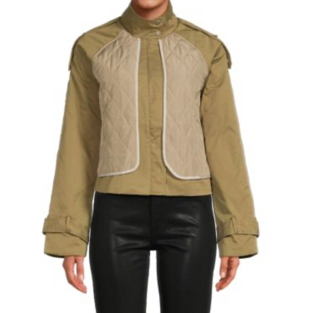 Grey Lab Quilted Jacket Olive Stand Collar Hidden Zip Button Cuff Womens Medium